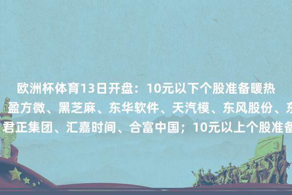 欧洲杯体育13日开盘：10元以下个股准备暖热：我爱我家、供销大集、盈方微、黑芝麻、东华软件、天汽模、东风股份、东方集团、宁波中百、君正集团、汇嘉时间、合富中国；10元以上个股准备暖热：英洛华、禾盛新材、和而泰、兴森科技、欧菲光、威领股份、民众交通、永杉锂业、春光科技、必得科技；20元以上个股准备暖热：宏盛股份；30元以上个股准备暖热：晶方科技；ST个股准备暖热：ST高鸿、ST宁科、ST熊猫、ST好